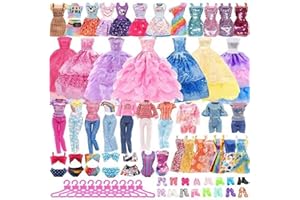 Teogneot 35pcs Ropa y Accesorios para Muñecas, 20 Vestidos de Moda, 10 Zapatos, 5 Perchas