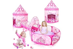 SENODEER 3PC Princess Tent for Girls with Kids Ball Pit, Kids Play Tent and Crawl Tunnel for Toddlers, Indoor Outdoor Playhouse Toys for Games
