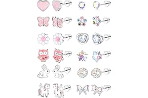 CASSIECA 10/12 Paia Orecchini Acciaio Chirurgico per Donne Bambina Set Orecchini Anallergici Cerchio Orecchini a Vite CZ Fiore Farfalla Cuore Pendenti