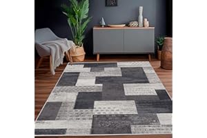 Calinline, tappeto moderno geometrico, patchwork, per interni, soggiorno, antracite, 140 x 200 cm, tappeti grandi collezione Rockwood, decorazione pavimenti per la camera da letto, colore grigio