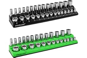 SWANLAKE GARDEN TOOLS Lot de 2 organiseurs de douilles magnétiques SAE et métriques de 0,95 cm, plateaux de douilles de transmission, boîte à outils, pouvant contenir 56 emplacements, revêtement en caoutchouc souple,