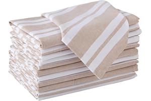 Encasa Homes Dining Table Napkins 12 pcs Set of Large 43x43 cm - Franca Beige Stripes - Heavy Eco-Friendly Cotton, Homespun Fabric, Machine Washable for Dinner, Party, Restaurant & Banquet