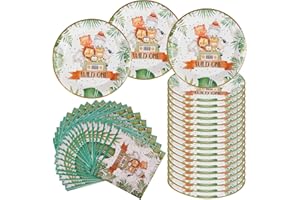 AINIUNIU Wild One Geburtstag Geschirr Set, 40 Pcs 1 Jahr Dschungel Tiere Pappteller Servietten, 20 Servietten und 20 Pappteller Dschungel Geburtstag Geschirr Kit, für Junge & Mädchen (Niedlich)
