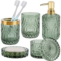 Set di 5 Accessori in Vetro Trasparente per il Bagno, Dispenser per Sapone per Lozione, Portasapone, Porta Spazzolino da Denti, Bicchieri di Vetro, Barattolo di Cotone, Accessori da Bagno (Bianco