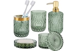 NZZVNZ 5 Stück Grünes Glas Badezimmer Zubehör Set, Moderne Seifenspender Set, Seifenschale, Zahnbürstenhalter, Wattestäbchen Kanister, Becher, Badezimmer Deko Set, Vintage Geschenk