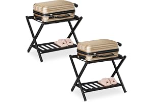 Relaxdays Bagageställ, hopfällbart, set om 2, trä, H x B x D: 54 x 66 x 45 cm, 2 hyllor, bagageförvaring hotell, svart, pack