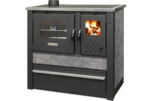 ProTermo Kaminofen Panonia Anthrazit mit Abzug Links - 10,54 kW Heizleistung - 90x51x85 cm Holzofen mit Backfach und Herdplatte [Energieeffizienzklasse A+] ohne selbstschließender Tür - Bauart 2