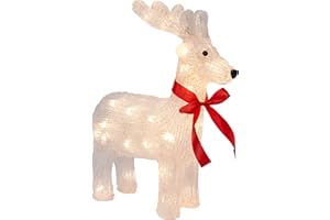 Celebright Decoración navideña de reno acrílico con lazo rojo alrededor del cuello - 40 luces LED blancas cálidas - Funciona con pilas - 35 cm de altura - Decoración navideña para interiores