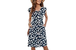 MOLERANI Femmes Robes d'été Manches V Cou Décontracté Swing Taille élastique avec Poche Robe De Midi pour Les Femmes S-2XL