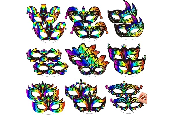 Masker klösbilder för barn, 24 stycken gör-det-själv pappersmasker för att dekorera barn rolig magisk scratch Art masker Craft Kit för födelsedag cosplay temafest
