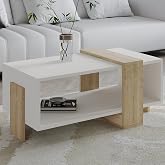Meleni Orta Sehpa &ndash; 90 cm Modern Tasarım &ndash; Raflı, Beyaz/Safir Meşe