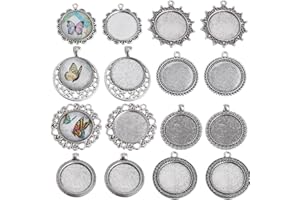 SUNNYCLUE 1 caja 16 biseles de Cabujón Estilo Vintage Plata Antigua En Blanco Bandejas de Bisel Plano Redondo Colgante Bandeja Encantos Foto Conmemorativa En Blanco Bisel para Bricolaje Ramo de Boda G