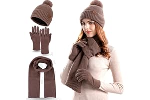 FUBABCO Set Cappello Sciarpa Guanti Invernali Donna, Set Cappelli Sciarpa e Guanti Maglia Caldo Donna Cappello Pompon e Sciarpa Lunga e Guanti Touch Screen per Donne Ragazze Che Sciano All'aperto