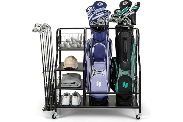 COSTWAY Organisateur d'Équipement Sportif avec Roues Amovibles, Support de Rangement pour 2 Sacs de Golf avec Support pour Clubs de Golf 6 Crochets, pour Garage Club sous-Sol