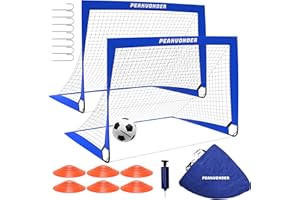 PEAKVONDER Set of 2 Football Goals for Kids, Football Nets for Kids, Goal Posts for Kids Garden with 6 Football Cones, Football, Carry Bag, 120 cm x 90 cm, Portable Pop Up