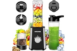 KITCANIS Mini Smoothie Maker 3 en 1, Mixeur électrique 800W, 3 vitesses réglables 2 bouteilles portables de 600 ml et 300 ml tasse de broyage pour glace, fruits, légumes, noix