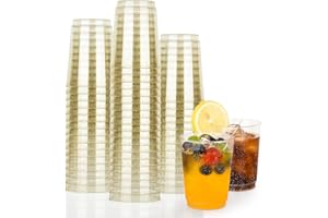 NUZEKY 50 Stück Partybecher Set - Mehrweg Plastikbecher mit Goldglitter - 10 oz Hartplastikbecher für Geburtstagsfeier Party, Hochzeit im Freien, Camping, Strand Und Picknick