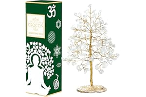 CROCON Clear Quartz Crystal Tree of Life - Geode Agate Slice Base, Chakra Tree for Positive Energy, Handmade Gemstone Tree, Feng Shui Decor - Good Luck Money Bonsai, Healing Stones, Spiritual Gift