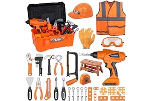 Magic4U Kids Tool Set,49PCS Toddler Tool Box with Electronic Toy Drill,Tape Measure,12 Tool Equipment,Pretend Play Construction Costume with Safety Vest Hat,toy tool set for Kids Age 3-8