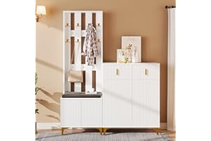BTM Shoe Storage Bench with Shoe Cabinet, Drawers and Hooks, Wardrobe Set with Shoe Bench and Cushion, Wardrobe Front with Hooks