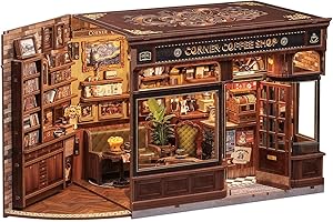 CUTEBEE Book Nook Kit - DIY Miniature Dollhouse with LED Light & Dust Cover, 3D Craft Bookend for Bookshelf, Creative Reading Corner Gift for Adult Book Lovers (Corner Coffee Shop)