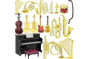 LZMDISU Dollhouse Musical Instruments, 18 Pcs Miniature Educational Violin Guitar Piano Drum Trumpet Mini Figurine Model Ornament for Mini House Musical Room Furnishin