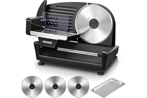 FOHERE 250W Trancheuse Électrique - Trancheuse à Jambon avec 3 Lames Amovibles, Épaisseur Réglable de 0 à 15mm, Verrou de Sécurité et Pieds à Ventouse pourViande, Fromage, Pain Et Légumes