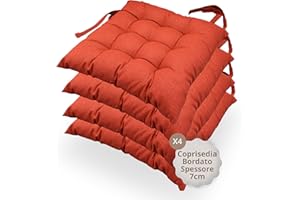 casaviva - Cuscini Coprisedie 100% Cotone Stampato Effetto Lino - Cuscini Sedie Cucina Set da 4 Pezzi ROSSO TERRA DI SIENA - Cuscini per Sedie Antidecubito 9 Impunture Con Lacci