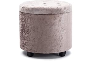 ‎HNNHOME HNNHOME Sitzhocker mit Stauraum, Sitzwürfel mit Deckel, Sitztruhe, Fußbank Truhen Aufbewahrungsbox, Wolken Samt, 45 cm runder Massivholz, 45 L, 45 x 45 x 43 cm (Silberbraun, Eissamt)