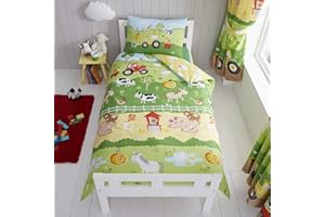 Happy Linen Company Set Copripiumino - Double Face Conta Le Pecore/Animali della Fattoria - Verde/Giallo - Bambino