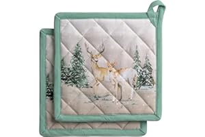 MAISON D' HERMINE Maison d 'Hermine Deer In The Woods Set di 2 presine in cotone 100% con anello resistente al calore per barbecue Cucina Grigliare Microonde Barbecue Ringraziamento/Natale(20cm x 20cm)
