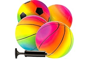 BEDWINA Mini Rainbow Kids, Toddler Football - 5 Inch (Pack of 4) Inflatable Ball Made from Vinyl with Hand Pump Football, Neon Basketball, Soccer Ball, and Volleyball for Playground, Indoor and Outdoor Use