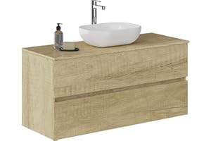 Baikal Baño Onyx, 2 cajones, suspendido en Pared, con Lavabo cerámico. Mueble Montado, Melamina 16,Mueble F46 + Top + Lavabo 120 cm Nature