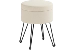 SONGMICS Puff Almacenaje, Baul Almacenaje, Banco Almacenaje Redondo, Taburete de Tocador, 39 x 44,1 cm, 4 Patas de Metal, Asiento Acolchado, Blanco Crema LOM002W01