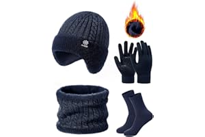 Voqeen Mens Winter Hat Scarf Gloves Set 4PCS Fleece Lined Thermal Knitted Cold Weather Sets Unisex Beanie Hat with Earmuffs Circle Neck Warmer Touchscreen Gloves Socks Warm Gifts Sets Outdoor Sports
