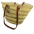 PIKL Handmade Moroccan Tote Bag, Beach Bag, Market Shopping Basket with Leather Handles, Large