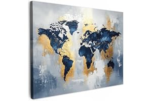 MuchoWow© Canvas Wall Art 28"x20" / 70x50 cm Decor Paintings Prints framed on Canvas Decorations Wallart World Map - Blue - Abstract