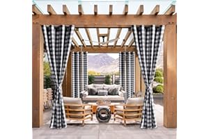 Hiasan Buffalo Plaid Pergola Vorhänge Outdoor Wasserdicht – Ösen gewichtete halbtransparente Vorhänge für Terrasse, Veranda und Cabana, schwarz und weiß, Set mit 2 Paneelen und 2 Raffhaltern