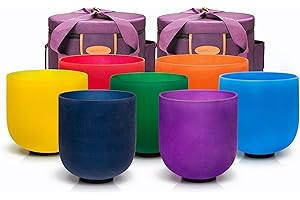 TOPFUND Chakra Set of 7 Color Crystal Singing Bowls 6-10 inch with Heavy Duty Carrying Cases and Singing Bowl Mallet Suede Strikers