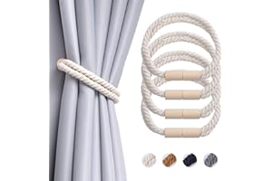 Pretty Jolly 4 Pack Wooden Magnetic Curtain Tiebacks Boho Decoration Drape Tie Backs Natural Cotton Handmade Double Rope Curtain Holdbacks for Thin or Thick Home & Office Window Drapery (New Beige)