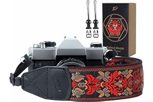 PADWA LIFESTYLE Kameragurt – 5,1 cm Retro-Jacquard-Stickerei Multi-Muster Kameragurte verstellbar, breiter Kamera-Nacken-/Schultergurt mit echtem Lederkopf für alle DSLR-/SLR-Digitalkameras (Vintage-rote Blume)