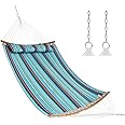 CASART Double Size Hammock with Detachable Pillow, Curved Spreader Bar & Steel Chains, Camping Swing Hammock for Patio Garden Poolside (Bamboo Spread Bars, Blue)