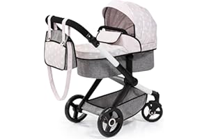 Bayer Design 17031AA Landau pour poupée Xeo, Poussette pour Poupon, réglable en Hauteur, poignée réversible, Convertible, Sac, Beige, Jeans-Gris, Étoiles