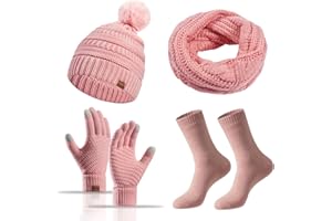 MAZELIKEHOOD Set Sciarpa Cappello Guanti Calzino Donna Caldo Cappello di Bobble con Sciarpa a Maglia e Guanti Tessuto Morbido e Comodo Invernale Ideale per Regalo di Natale Accessori Inverno Moda