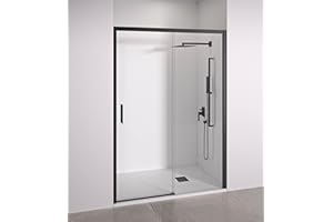 BELLOBATH Mampara de ducha frontal 1 corredera + 1 fijo - sin perfilería inferior - Cristal transparente templado 6mm antical - Negro Mate - Ancho adaptable 145 a 150cm - Posición puerta izquierda - Alto 195cm