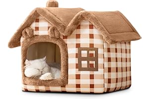 ALLSOPETS Cat House Indoor Dog House Foldable Pet Bed with Roof, Warm Cosy Nest with Removable Cushion for Cats Puppies Small Dogs (Brown Bear, L)