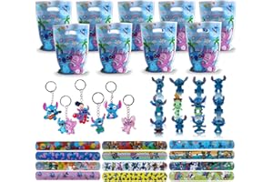 Faveurs pour la Fête de Stitch, 12Pcs Bracelets Slap Enfants+12Pcs Dessin animé GâTeau Figurines+12Pcs Stitch Porte clés+20Pcs Sacs Cadeaux, Stitch Faveurs de Fête, Remplissages de Cadeaux de Fête