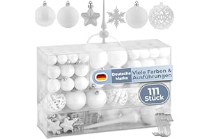 ‎COSIA cosia Weihnachtskugeln Weiß Set 111 Stück - Weihnachtskugeln Kunststoff in vielen Farben & Größen inkl. S Haken Befestigung - 111 Christbaumkugeln Kunststoff - Weihnachtsbaum Kugeln