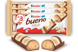 Kinder Bueno White - 6 Snack al Cioccolato Bianco e Nocciola, un Wafer Ripieno di Crema alle Nocciole Ricoperto da Cioccolato Bianco e Granella Meringata al Cacao, 3 Confezioni