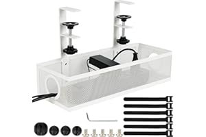 Belle Vous Organizador de Cables de Escritorio - Bandeja Organizadora Blanca con Abrazadera para Mesa - Soporte Recoge Guarda y Oculta Accesorios y Regletas - Montaje Sin Taladro